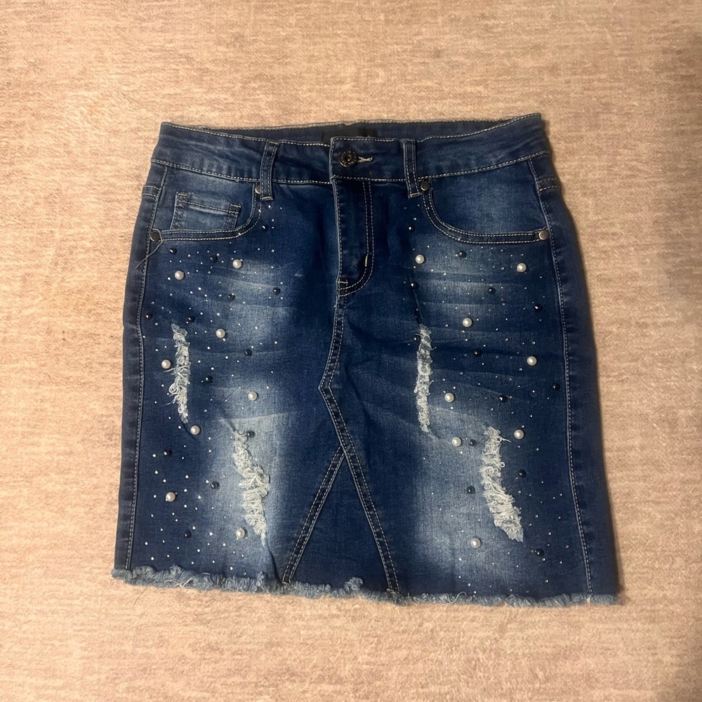 The Style Between Us Jean Skirt Woman Distressed Raw Edge Med Rhinestone Pearl